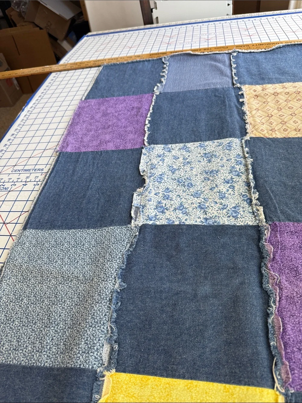 Handmade Denim Rag Quilt Throw 58x60 Blue Jean Patchwork Rustic Farmhouse